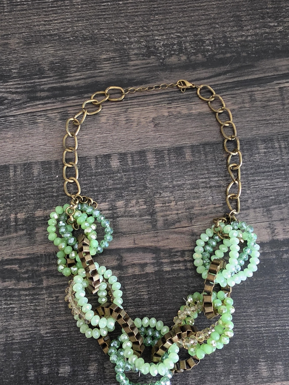 Gold-Tone Multi-Strand Necklace with Light Green and white Beads